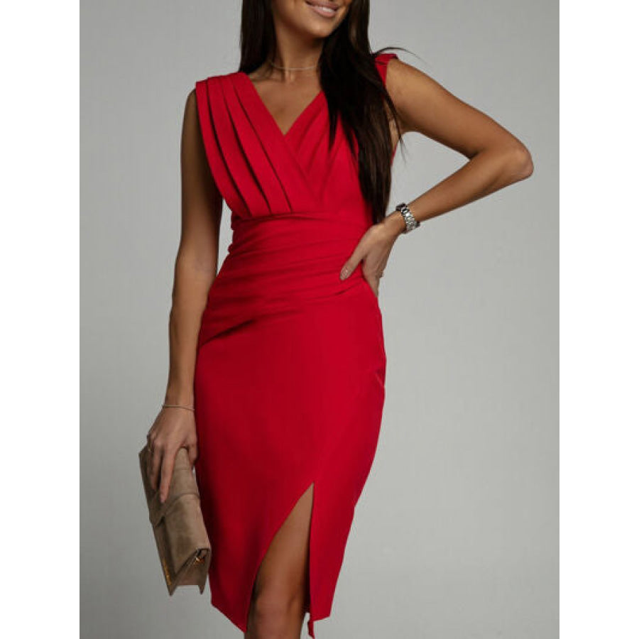 Slit Ruched Surplice Tank Dress Apparel and Accessories