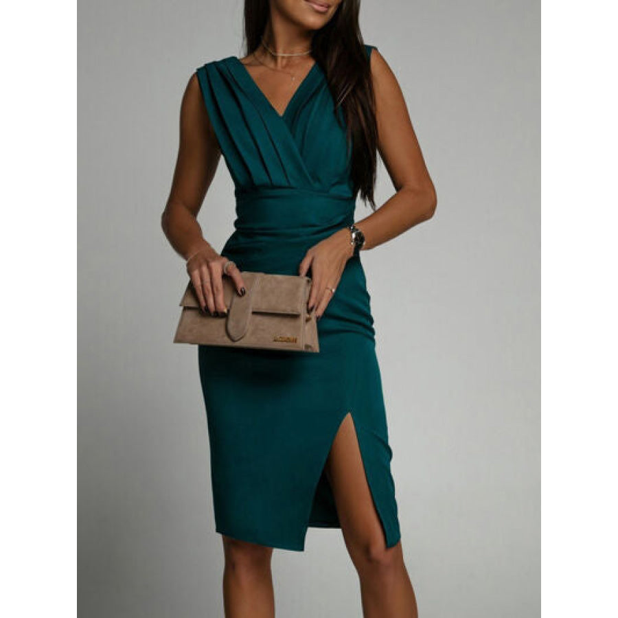 Slit Ruched Surplice Tank Dress Apparel and Accessories