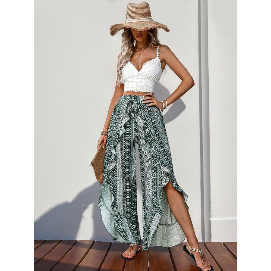 Slit Ruffled Geometric Wide Leg Pants Apparel and Accessories