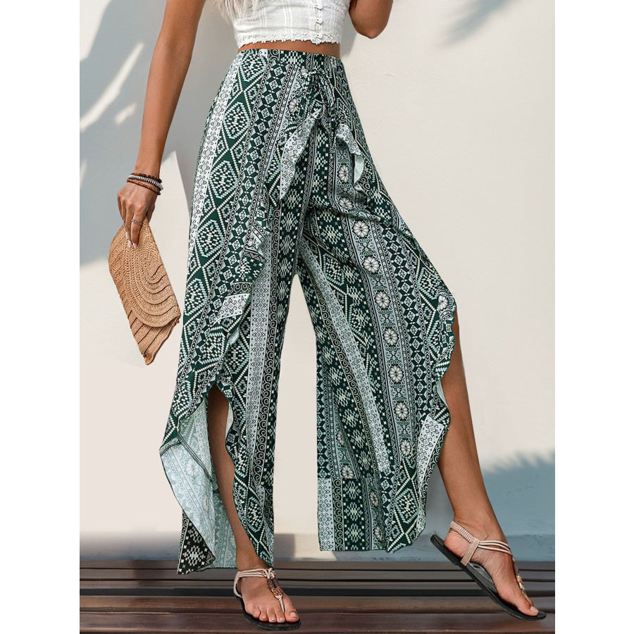 Slit Ruffled Geometric Wide Leg Pants Apparel and Accessories