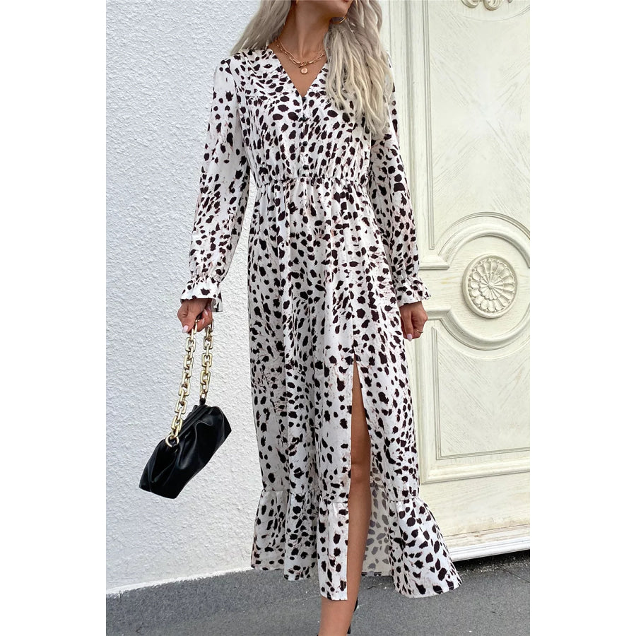 Slit Ruffled Hem Flounce Sleeve Midi Dress Apparel and Accessories