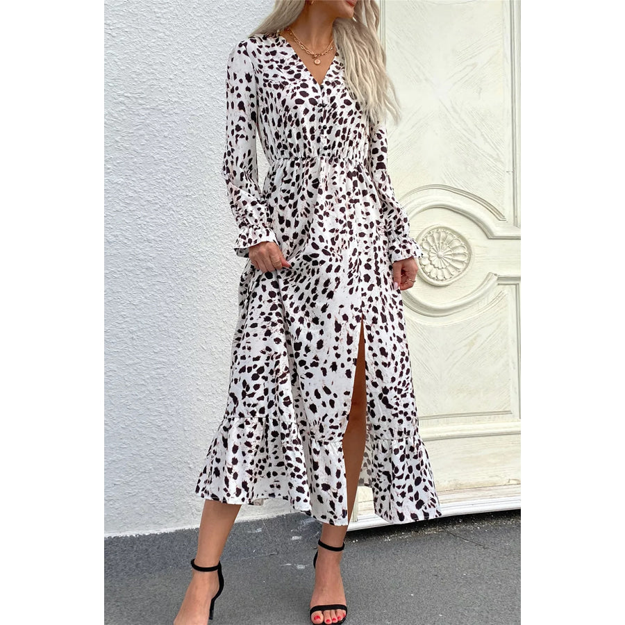 Slit Ruffled Hem Flounce Sleeve Midi Dress White / S Apparel and Accessories