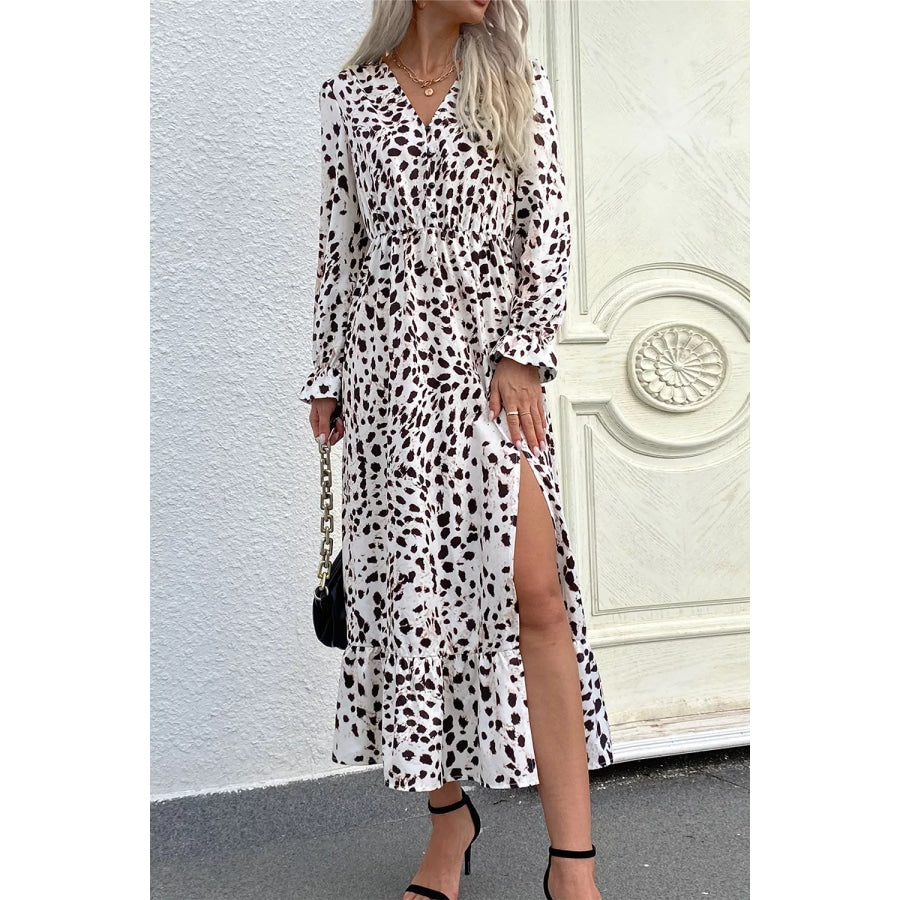 Slit Ruffled Hem Flounce Sleeve Midi Dress Apparel and Accessories