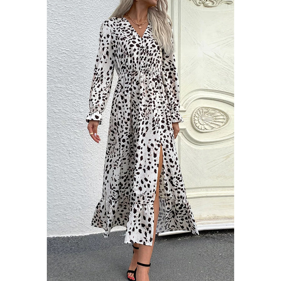Slit Ruffled Hem Flounce Sleeve Midi Dress White / S Apparel and Accessories