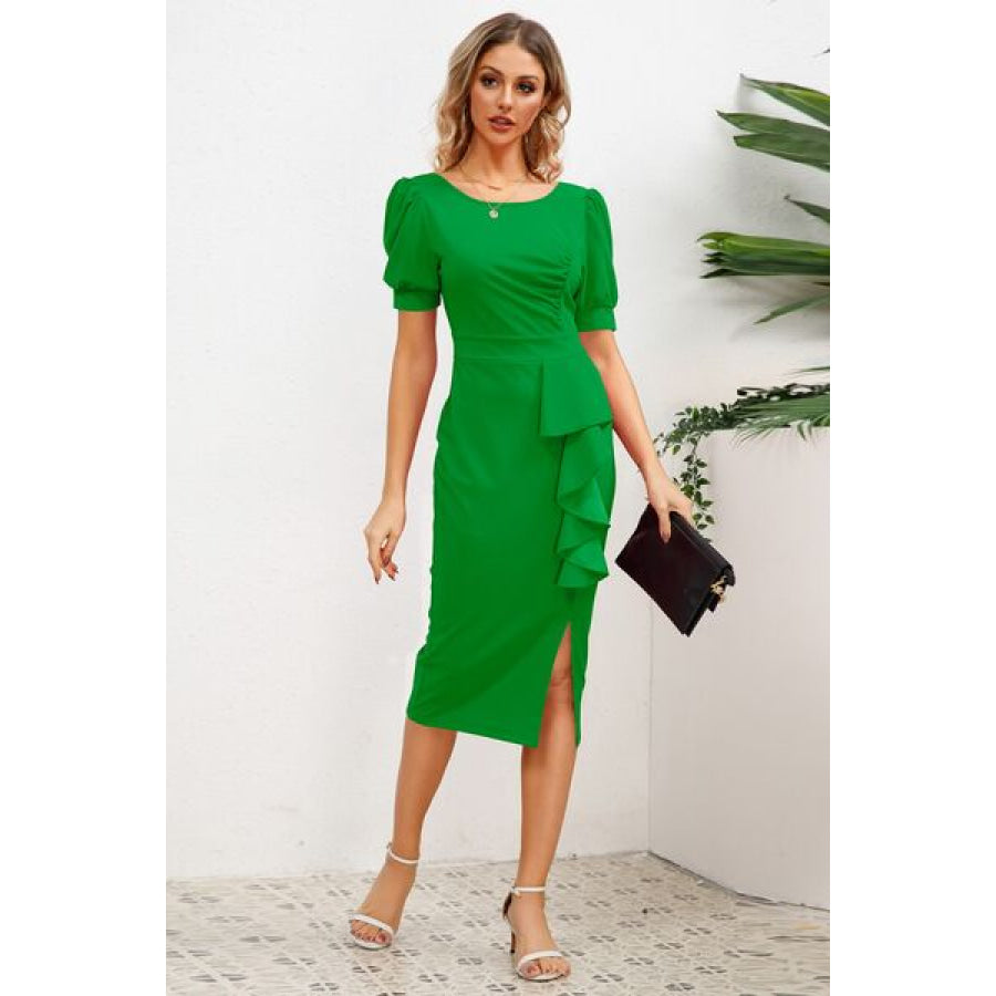 Slit Ruffled Puff Sleeve Midi Dress Apparel and Accessories