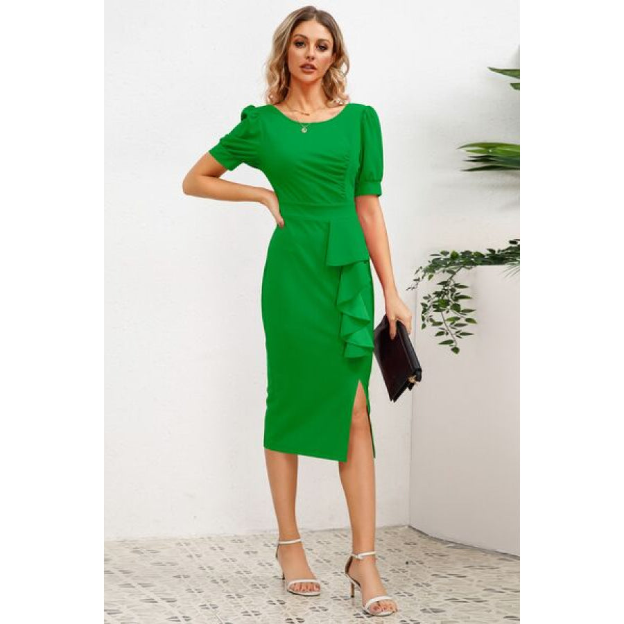 Slit Ruffled Puff Sleeve Midi Dress Apparel and Accessories