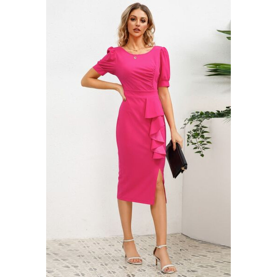 Slit Ruffled Puff Sleeve Midi Dress Apparel and Accessories