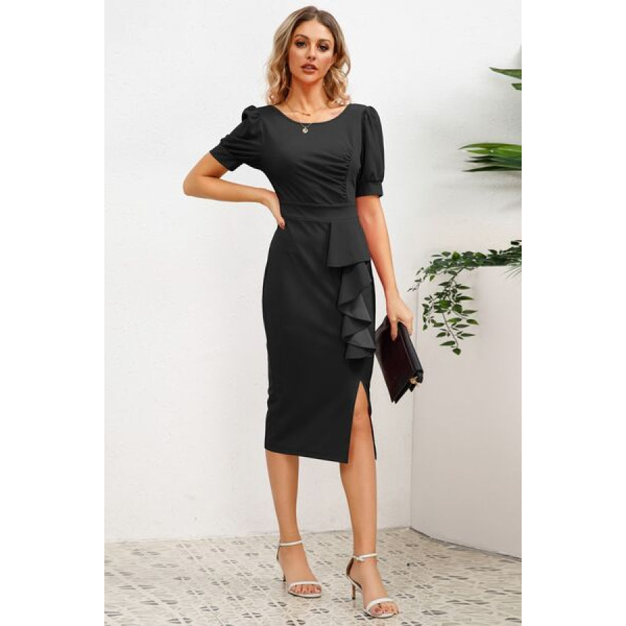 Slit Ruffled Puff Sleeve Midi Dress Apparel and Accessories