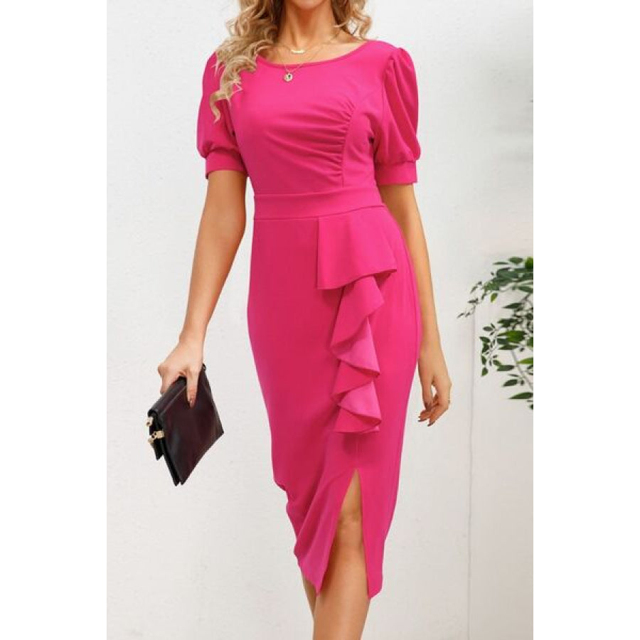 Slit Ruffled Puff Sleeve Midi Dress Hot Pink / S Apparel and Accessories