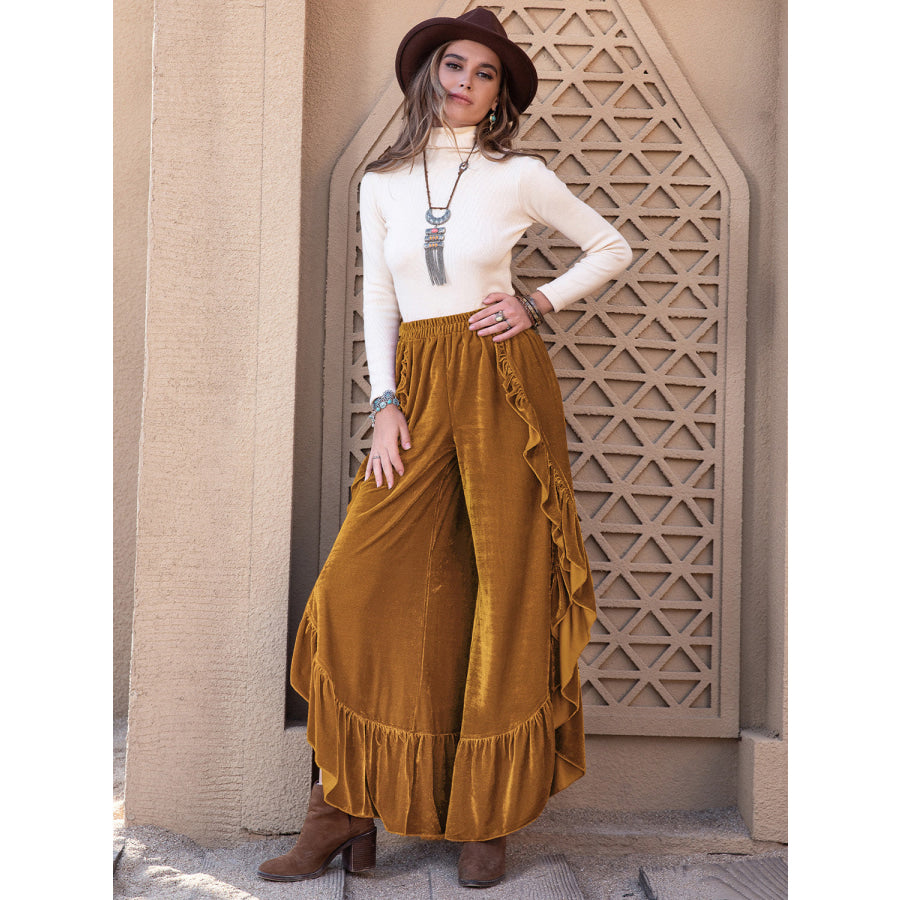 Slit Ruffled Wide Leg Pants Apparel and Accessories