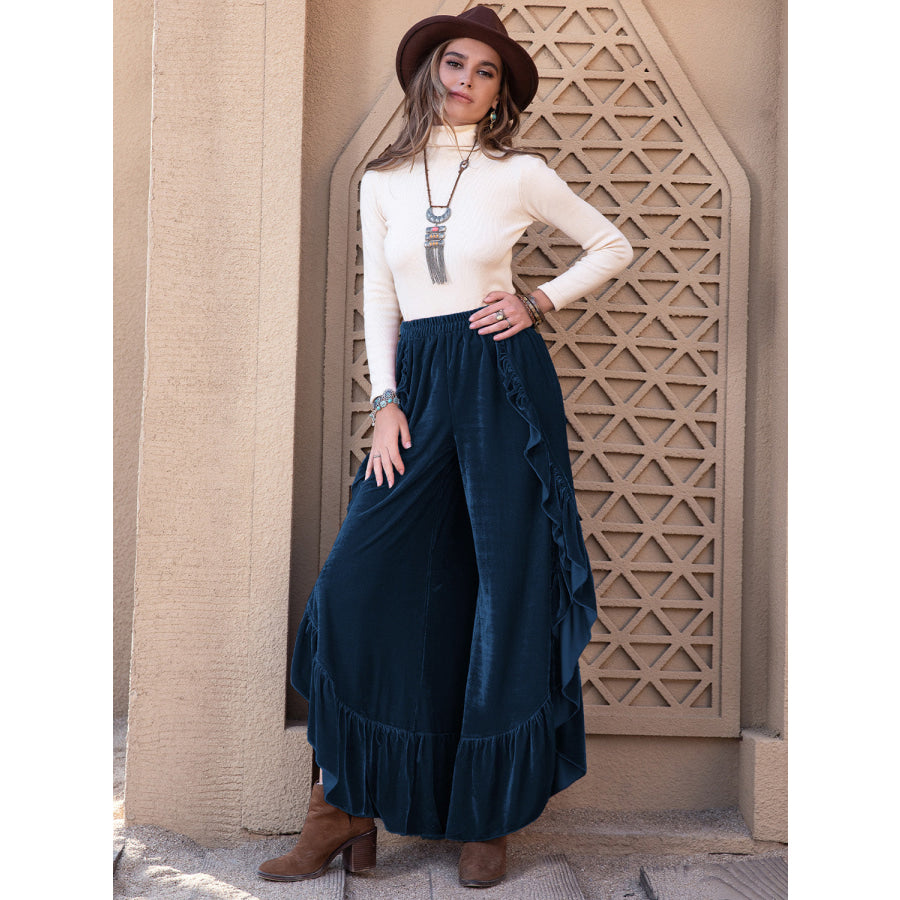 Slit Ruffled Wide Leg Pants Apparel and Accessories