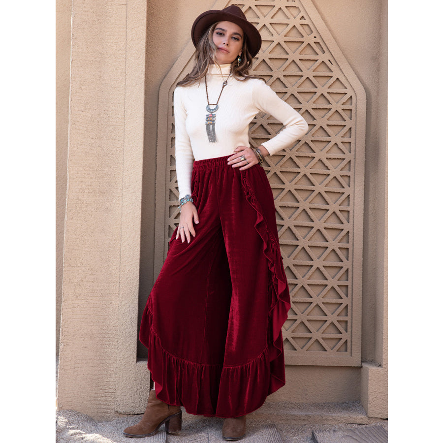 Slit Ruffled Wide Leg Pants Apparel and Accessories