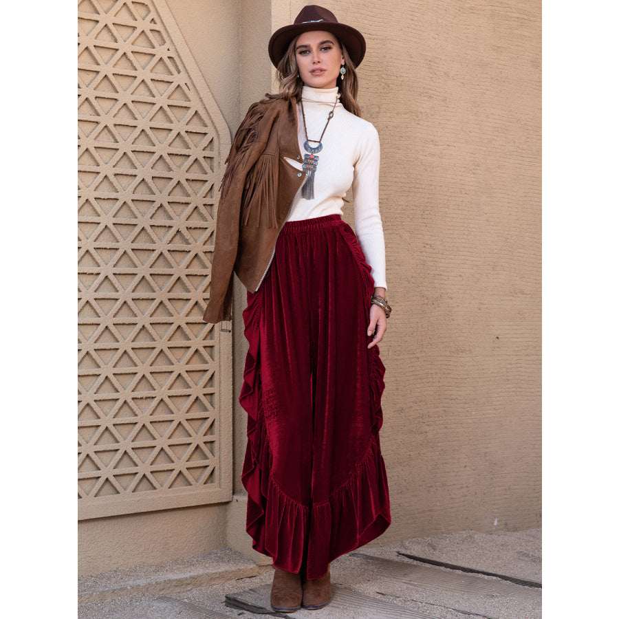 Slit Ruffled Wide Leg Pants Apparel and Accessories