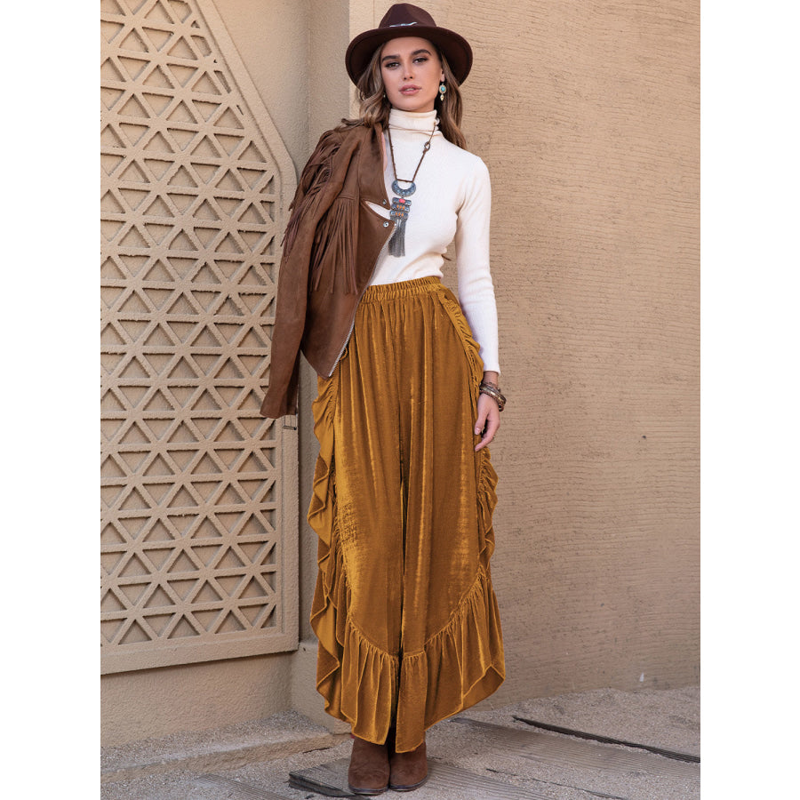 Slit Ruffled Wide Leg Pants Apparel and Accessories