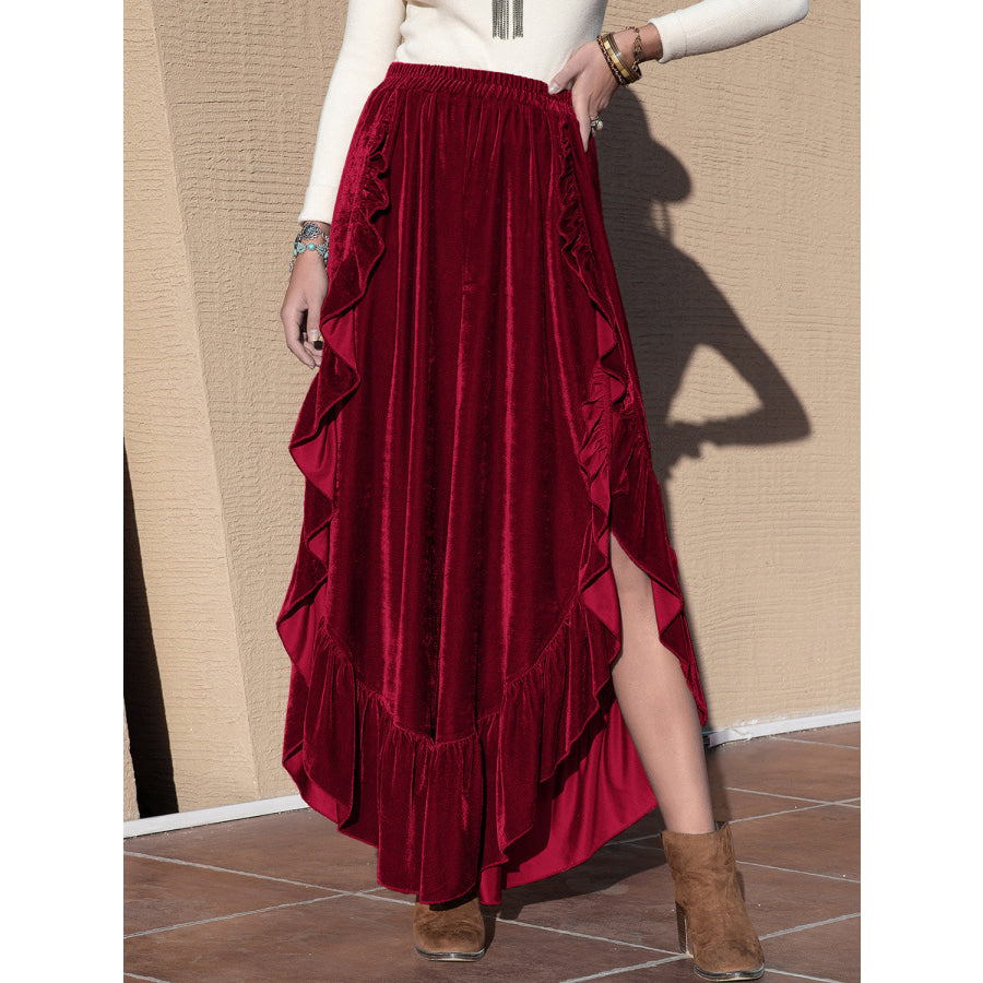 Slit Ruffled Wide Leg Pants Burgundy / S Apparel and Accessories