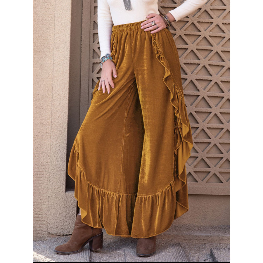 Slit Ruffled Wide Leg Pants Caramel / S Apparel and Accessories