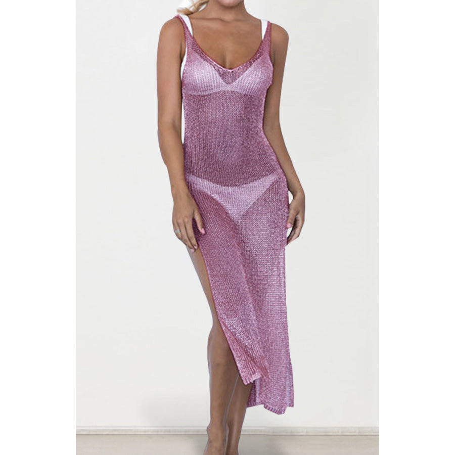 Slit Scoop Neck Sleeveless Cover Up Red-Violet / One Size Apparel and Accessories