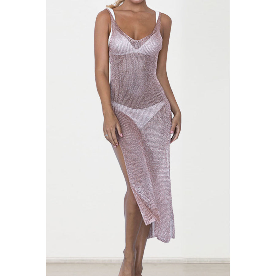 Slit Scoop Neck Sleeveless Cover Up Rose Gold / One Size Apparel and Accessories