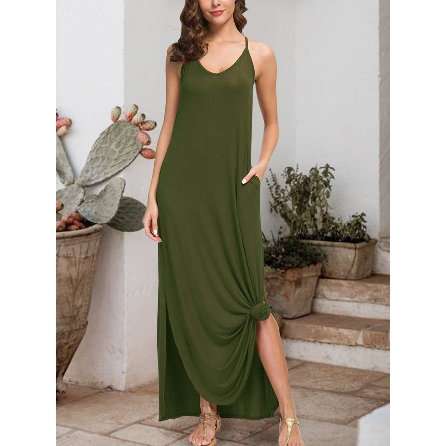 Slit Scoop Neck Sleeveless Dress Army Green / XS Apparel and Accessories