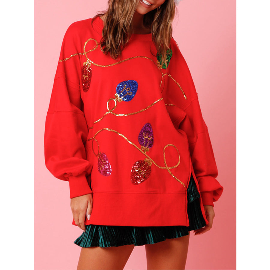 Slit Sequin Round Neck Sweatshirt Deep Red / S Apparel and Accessories