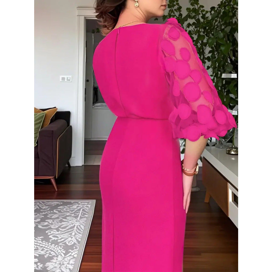 Slit Sheer Sleeve Midi Dress Apparel and Accessories