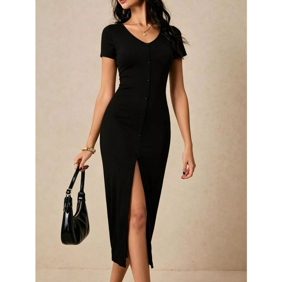 Slit Short Sleeve Bodycon Midi Dress Apparel and Accessories