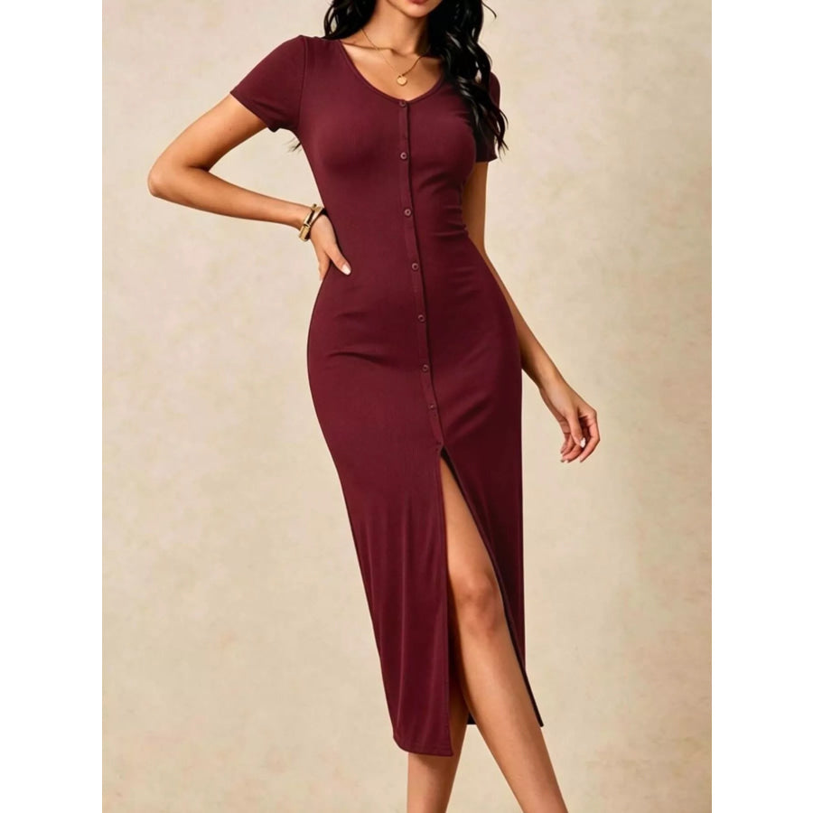 Slit Short Sleeve Bodycon Midi Dress Apparel and Accessories