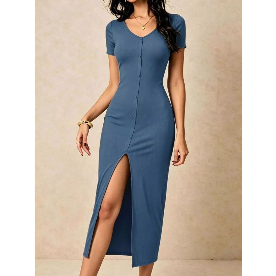 Slit Short Sleeve Bodycon Midi Dress Apparel and Accessories