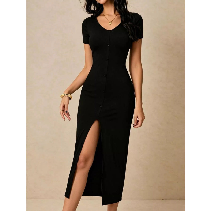 Slit Short Sleeve Bodycon Midi Dress Apparel and Accessories