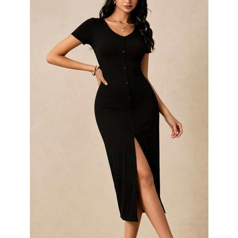 Slit Short Sleeve Bodycon Midi Dress Apparel and Accessories