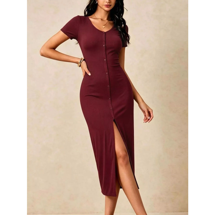 Slit Short Sleeve Bodycon Midi Dress Burgundy / S Apparel and Accessories