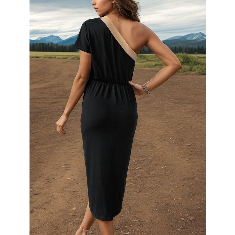 Slit Single Shoulder Short Sleeve Midi Dress Black / S Apparel and Accessories