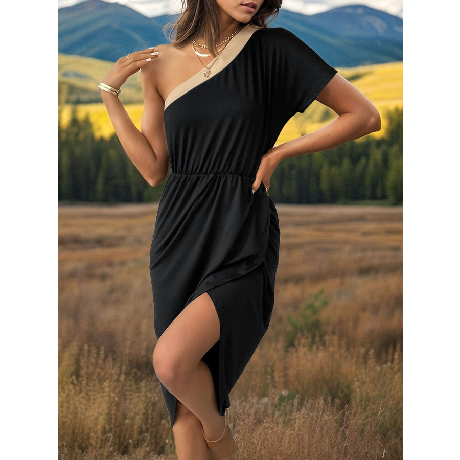 Slit Single Shoulder Short Sleeve Midi Dress Black / S Apparel and Accessories