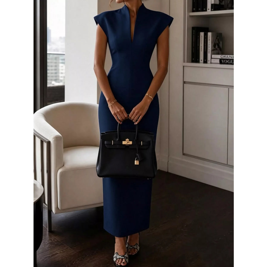 Slit Sleeveless Bodycon Midi Dress Navy / S Apparel and Accessories