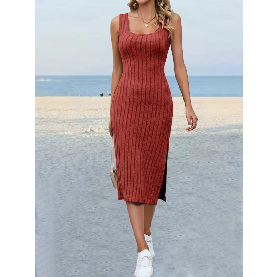 Slit Sleeveless Scoop Neck Dress Orange Red / S Apparel and Accessories