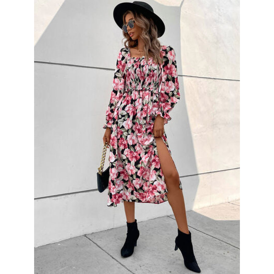 Slit Smocked Floral Flounce Sleeve Dress Apparel and Accessories