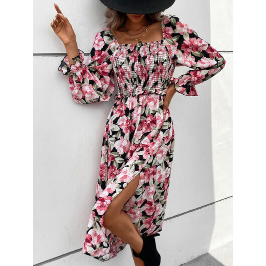 Slit Smocked Floral Flounce Sleeve Dress Apparel and Accessories