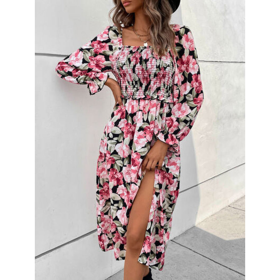 Slit Smocked Floral Flounce Sleeve Dress Black / XS Apparel and Accessories