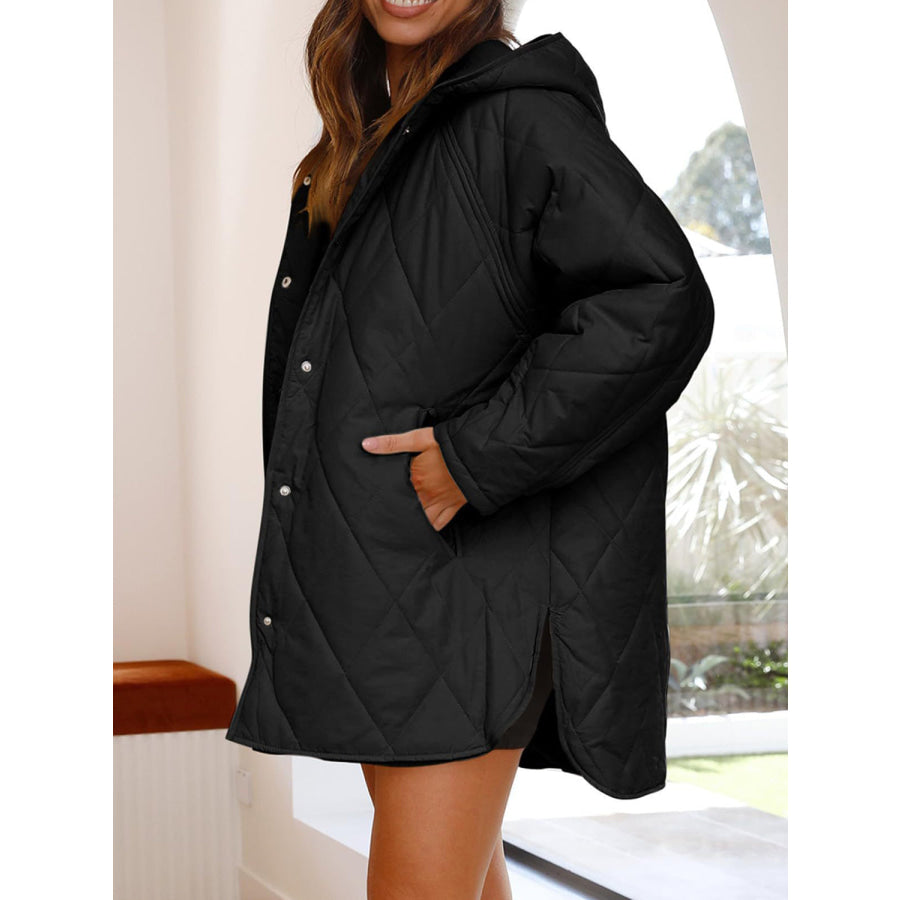 Slit Snap Down Long Sleeve Hooded Jacket Apparel and Accessories