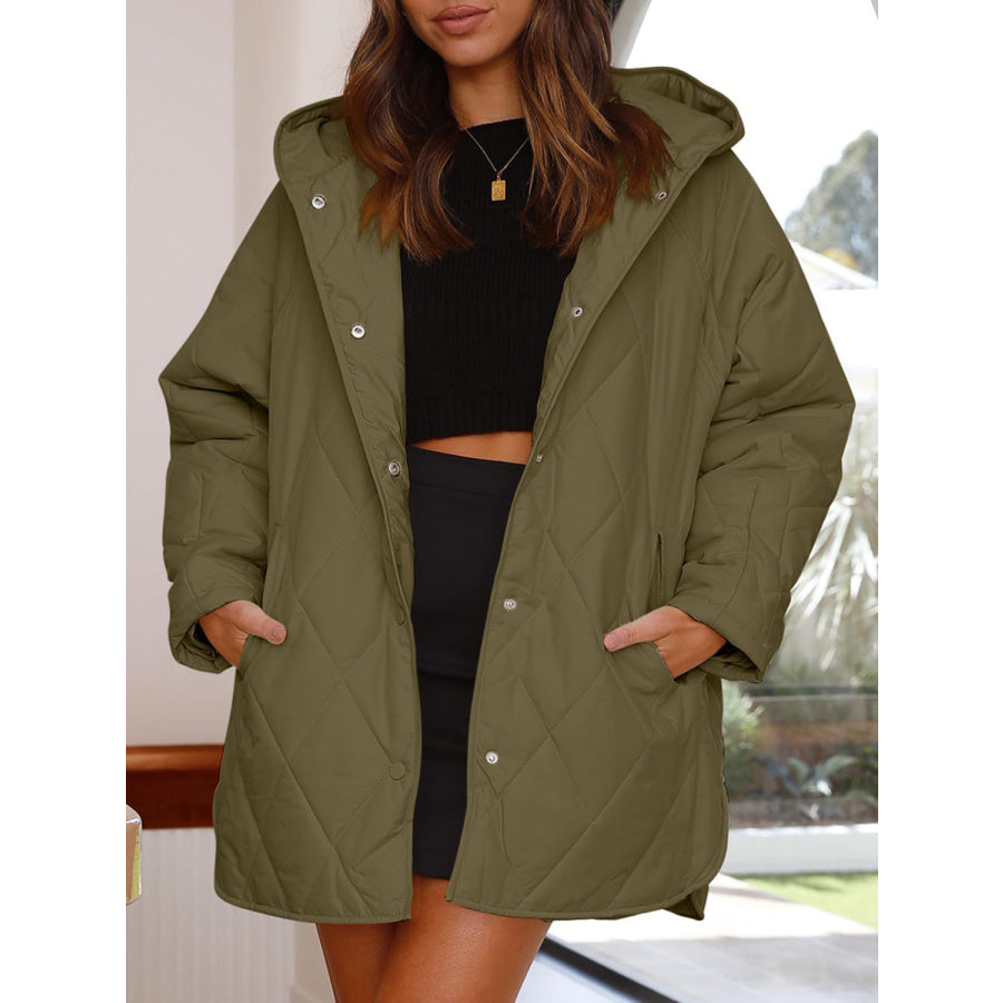 Slit Snap Down Long Sleeve Hooded Jacket Army Green / S Apparel and Accessories