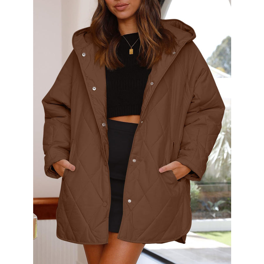 Slit Snap Down Long Sleeve Hooded Jacket Brown / S Apparel and Accessories