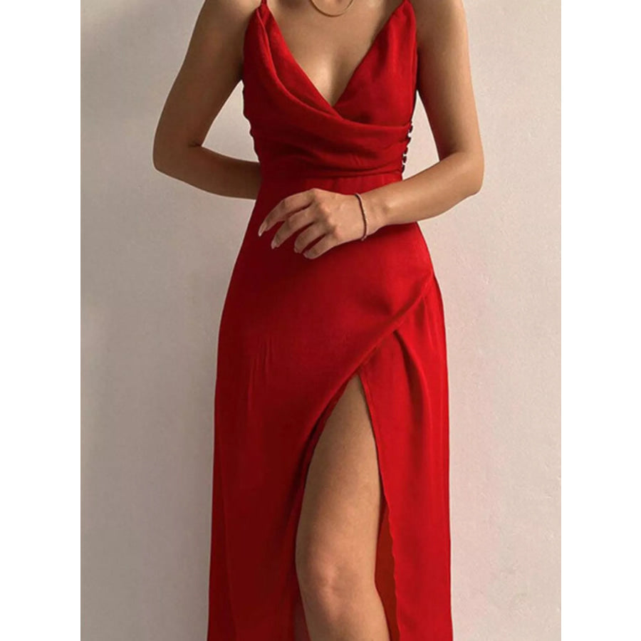 Slit Spaghetti Strap Maxi Dress Deep Red / S Apparel and Accessories