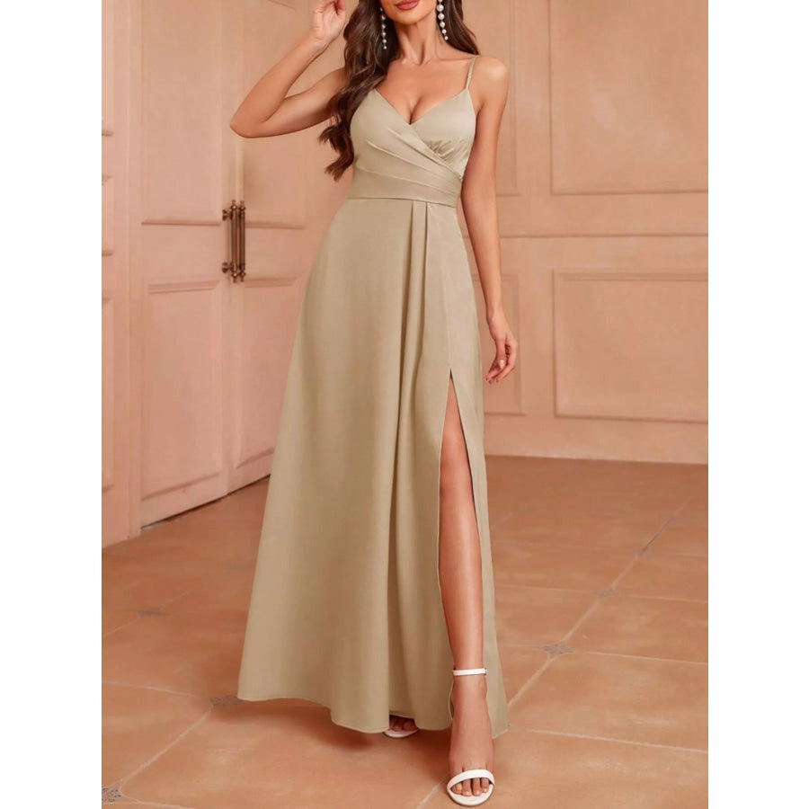Slit Spaghetti Strap Maxi Dress Khaki / XS Apparel and Accessories
