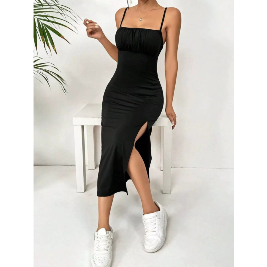Slit Spaghetti Strap Midi Dress Black / S Apparel and Accessories