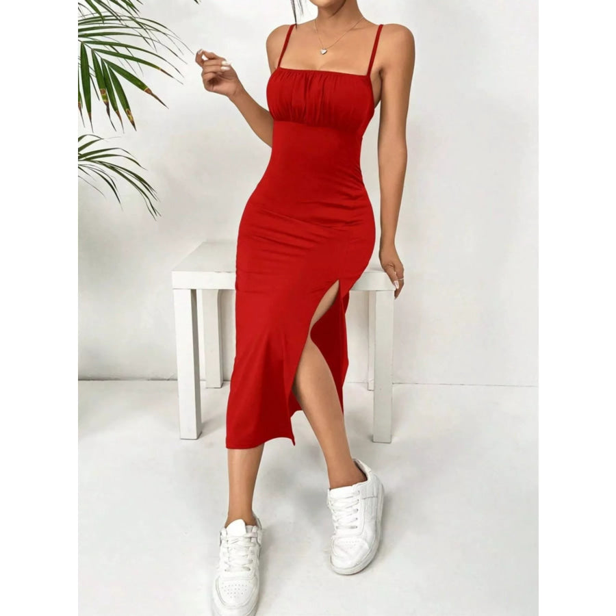 Slit Spaghetti Strap Midi Dress Deep Red / S Apparel and Accessories