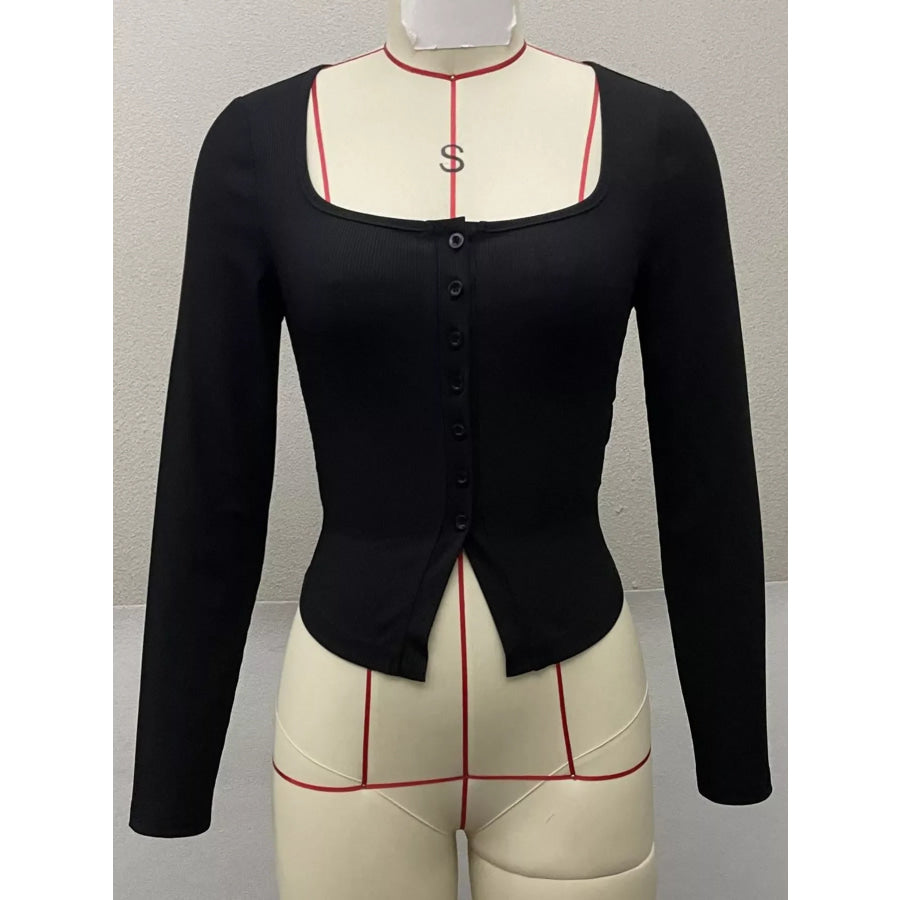 Slit Square Neck Long Sleeve T-Shirt Apparel and Accessories