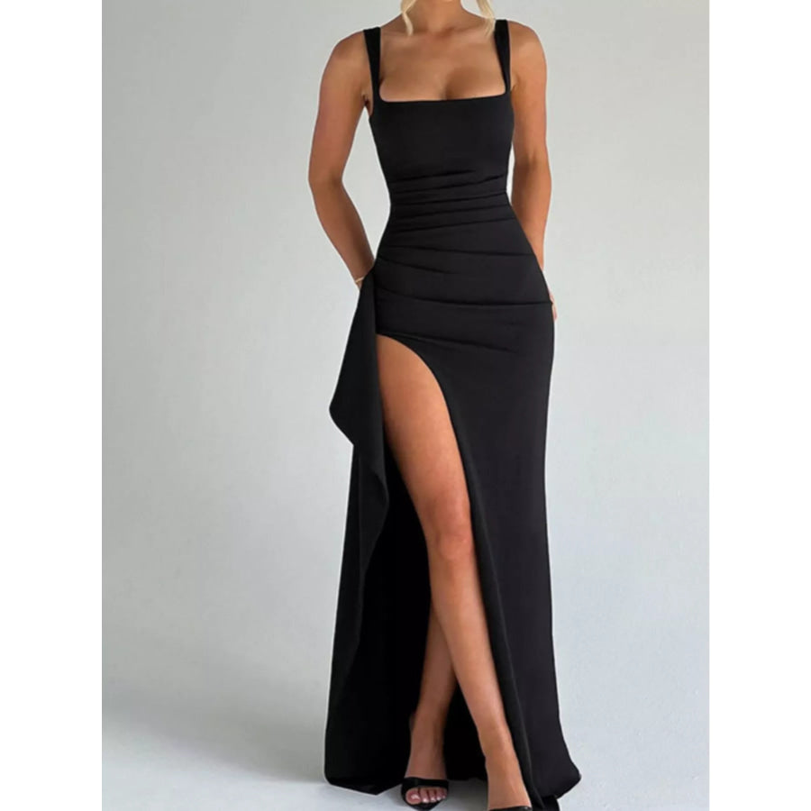 Slit Square Neck Maxi Dress Black / XS Apparel and Accessories