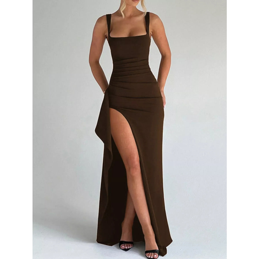 Slit Square Neck Maxi Dress Brown / XS Apparel and Accessories