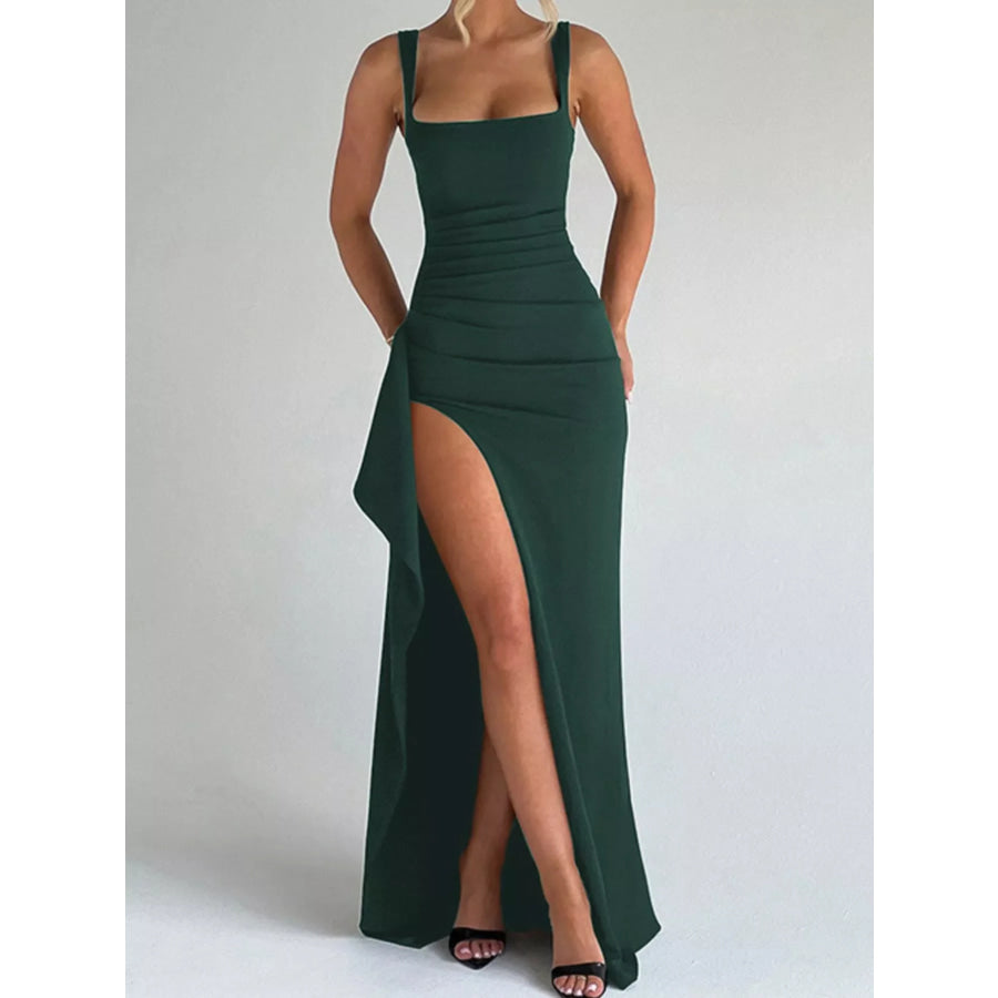 Slit Square Neck Maxi Dress Dark Green / XS Apparel and Accessories