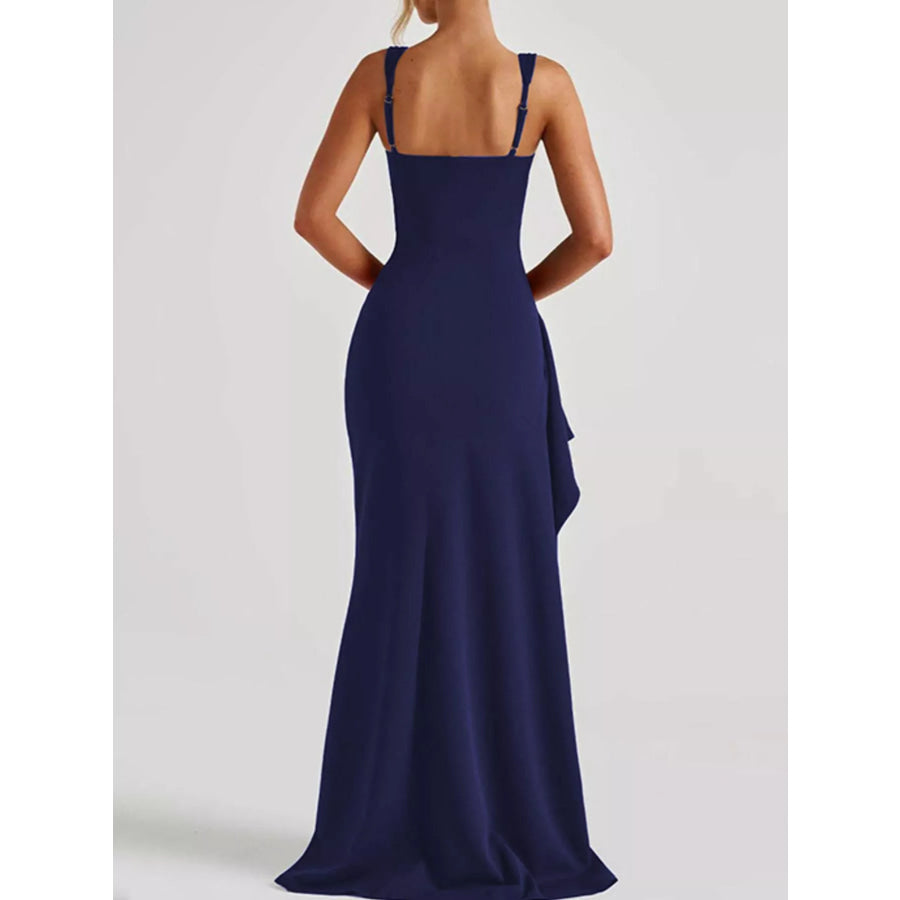 Slit Square Neck Maxi Dress Navy Blue / XS Apparel and Accessories